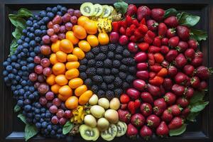 Colorful array of fresh fruits and vegetables arranged artistically on a textured surface photo