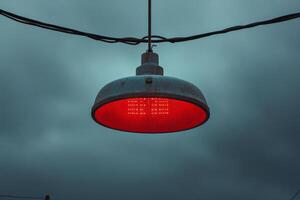 Red industrial light hanging against a moody sky at twilight photo