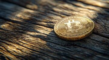 Golden bitcoin resting on a wooden surface illuminated by warm sunlight photo