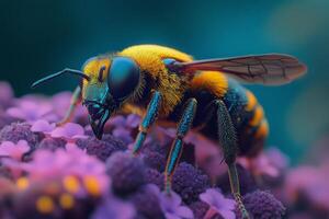 Yellow bee collects nectar from purple flower in lush garden setting photo