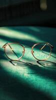Stylish gold rimmed glasses resting on a green surface illuminated by soft light photo