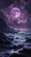 Majestic purple moon illuminating ocean waves and rocky coastline at dusk photo