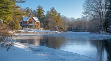 Beautiful winter landscape with a cozy house by a frozen lake surrounded by trees photo