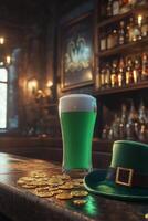 Green beer and festive decor at a lively pub during St Patricks Day celebration photo