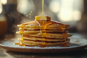 Stack of fluffy pancakes topped with butter and syrup ready to be enjoyed at breakfast photo