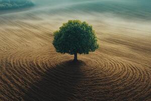 Plowed field with a solitary tree under clear sky in rural landscape during springtime photo