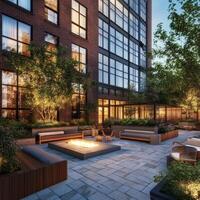 Cozy outdoor space with fire pit and modern seating in urban setting during evening photo