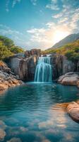 Majestic waterfall cascading into clear blue pool surrounded by rocky terrain in a serene landscape photo