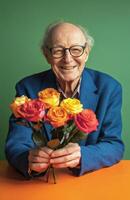 Senior man poses happily with roses against a green background in a cheerful setting photo
