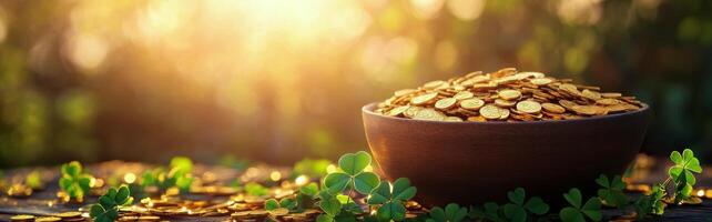 Gold coins overflowing from a wooden bowl surrounded by clovers at sunset photo