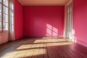 Bright pink interior with wooden floor and sunlight casting shadows in modern space photo