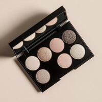 Elegant eyeshadow palette showcasing neutral and sparkly shades for versatile makeup looks photo