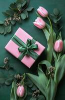 Elegant gift box with pink tulips on green background for special occasions photo