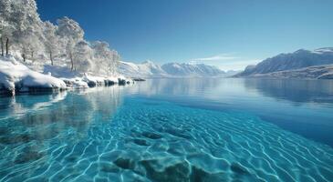 Winter landscape with snow-covered mountains and crystal clear lake reflecting blue sky photo