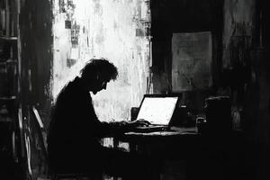 Cozy indoor workspace during winter with a person working on a laptop photo