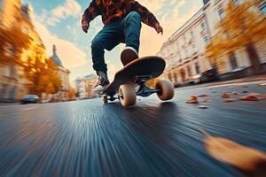 Urban skateboarder cruising through autumn streets on a vibrant afternoon photo