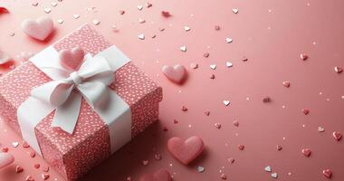 Gift box wrapped in pink paper with heart pattern and white ribbon on a pink background photo
