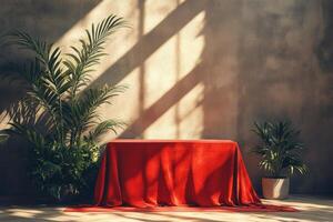 Brightly lit table draped in red cloth surrounded by green plants in a modern interior space photo