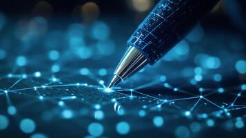 Writing with a futuristic pen on a glowing blue surface with interconnected nodes and lines photo