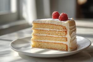 Delicious slice of cake with creamy frosting and a red topping on a plate in natural light photo