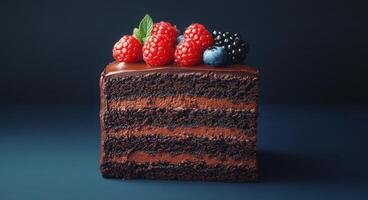 Delicious chocolate cake slice topped with fresh berries ready for dessert photo