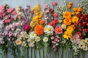 Colorful flower arrangement showcasing various blooms on a neutral backdrop photo