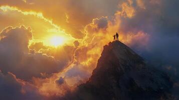 Climber reaches peak at sunset with dramatic clouds illuminating the horizon photo
