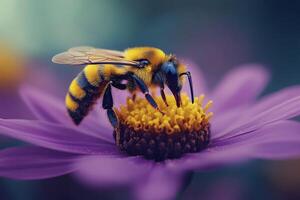 Yellow bee collects nectar from purple flower in lush garden setting photo