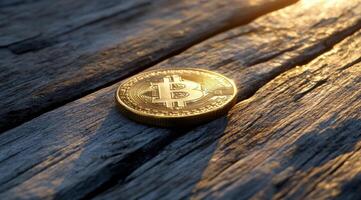 Golden bitcoin resting on a wooden surface illuminated by warm sunlight photo