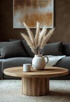 Cozy living room with modern decor, plants, and comfortable seating for relaxation photo
