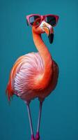 Flamingo wearing sunglasses poses confidently against a vibrant backdrop in playful scene photo