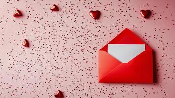 Red envelope with hearts on pink background creates a festive, romantic atmosphere for special occasions photo