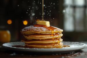 Stack of fluffy pancakes topped with butter and syrup ready to be enjoyed at breakfast photo