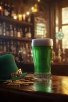 Green beer and festive decor at a lively pub during St Patricks Day celebration photo