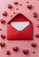 Romantic red envelope with love letter surrounded by heart shapes on a pink background photo
