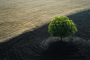 Plowed field with a solitary tree under clear sky in rural landscape during springtime photo
