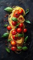 Colorful spaghetti and tomatoes with fresh basil placed stylishly on a black background photo