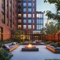 Cozy outdoor space with fire pit and modern seating in urban setting during evening photo