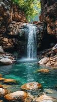 Majestic waterfall cascading into clear blue pool surrounded by rocky terrain in a serene landscape photo