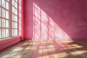 Bright pink interior with wooden floor and sunlight casting shadows in modern space photo