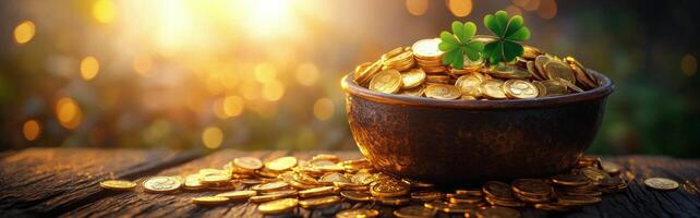 Gold coins overflowing from a wooden bowl surrounded by clovers at sunset photo