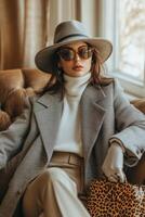 Stylish woman in a hat and sunglasses sitting in a cozy interior with a fashionable bag photo