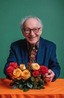 Senior man poses happily with roses against a green background in a cheerful setting photo