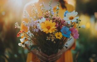 Colorful bouquet of wildflowers held by a person in a garden setting with soft natural light photo