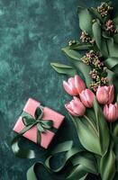 Elegant gift box with pink tulips on green background for special occasions photo