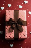 Colorful gift box with a bow on a red surface scattered with heart decorations photo