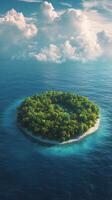 Lush green island surrounded by clear blue ocean waters in daylight photo