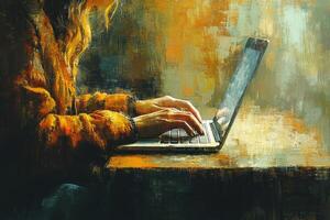 Cozy indoor workspace during winter with a person working on a laptop photo
