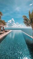 Beautiful infinity pool overlooking the ocean under a clear sky with palm trees photo