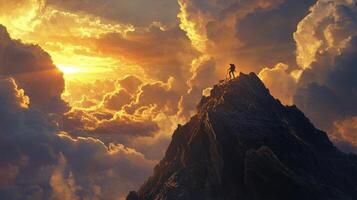 Climber reaches peak at sunset with dramatic clouds illuminating the horizon photo